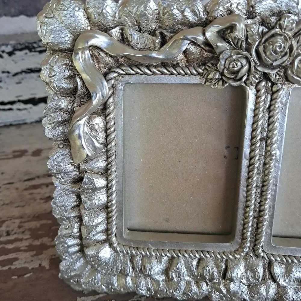 Vtg Platinum Resin Floral Ornate Double Frame 7x5” Ruffle Ribbon Cottage Core
